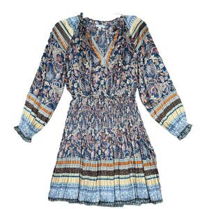 Current Air Dress Women Small Blue Purple Paisley Mikayla Satin Pleated Bohemian
